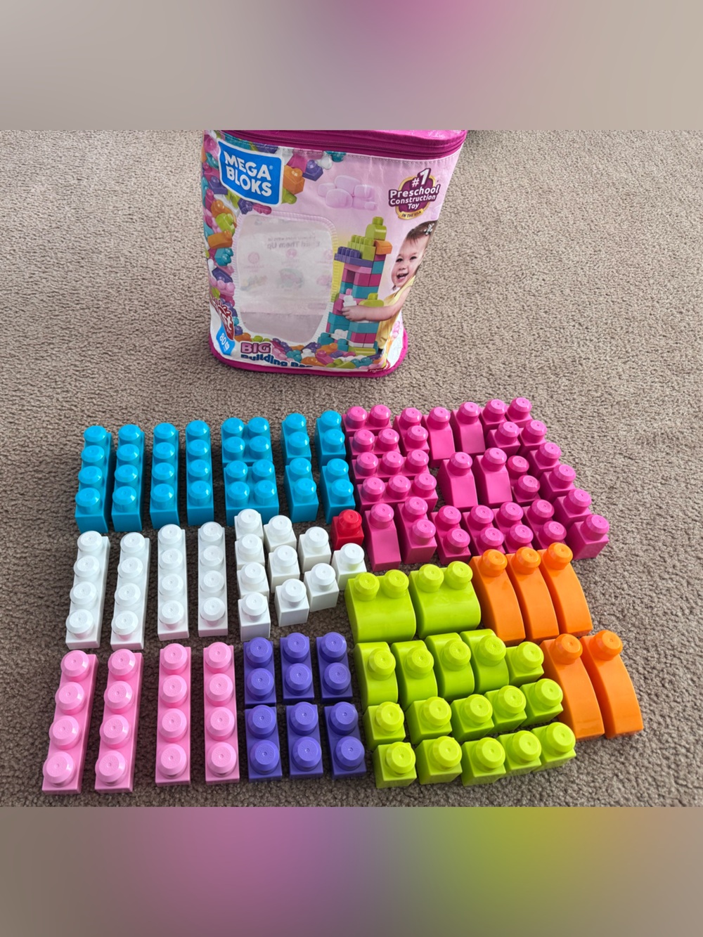 Mega Blocks Pastel Building Set – Pink, Blue, White, Green, Orange, Purple